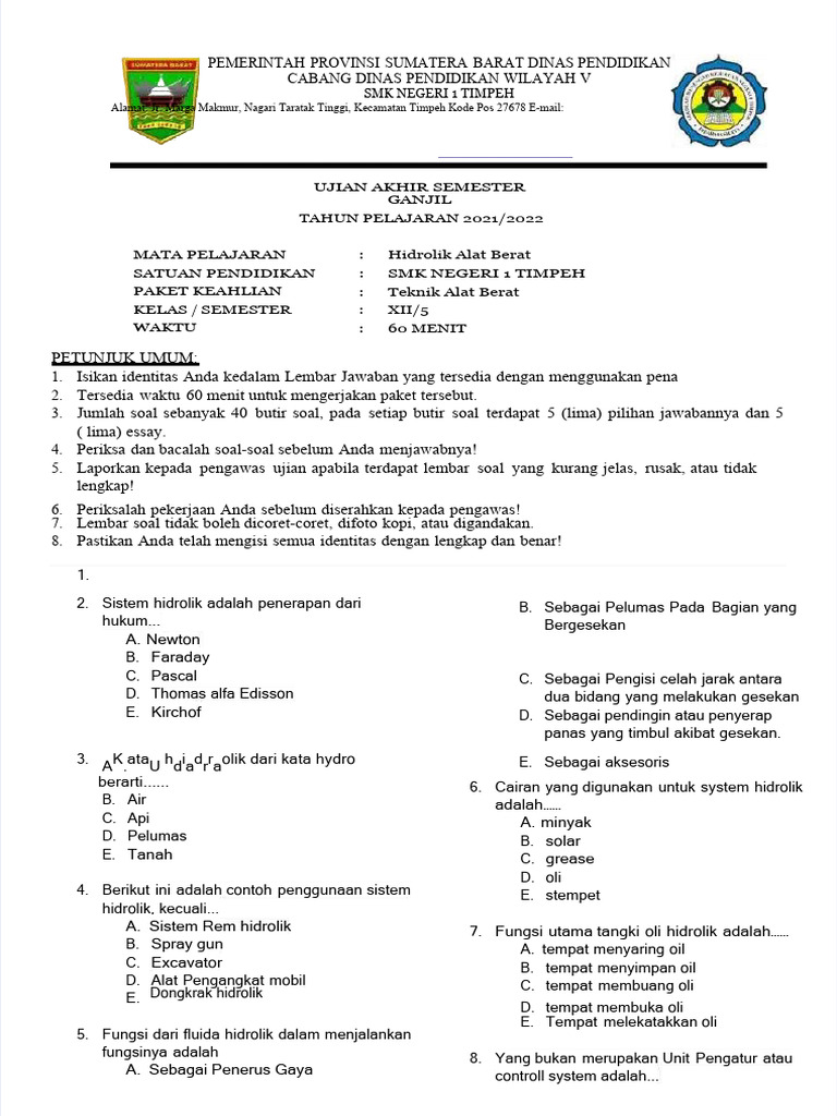 Pdf Soal Us Hidraulik Smk 1 Timpeh Compress Pdf