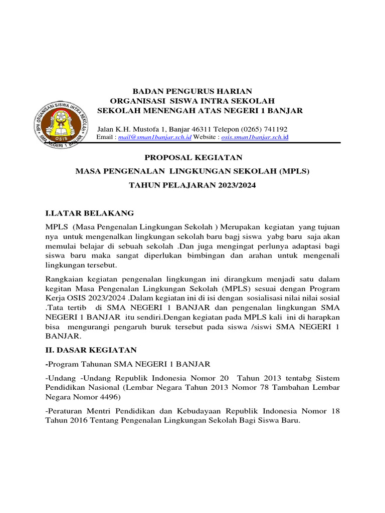 Proposal Kegiatan MPLS 2023/2024 | PDF