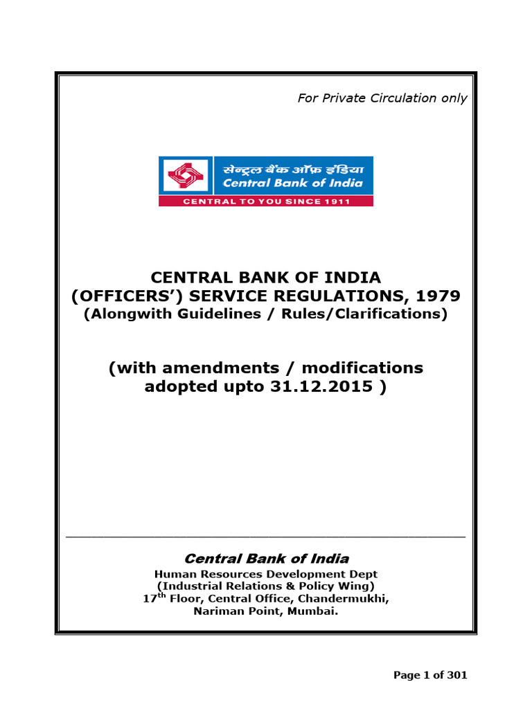 Central Bank of India Officers' Regulations | PDF | Banks | Pension