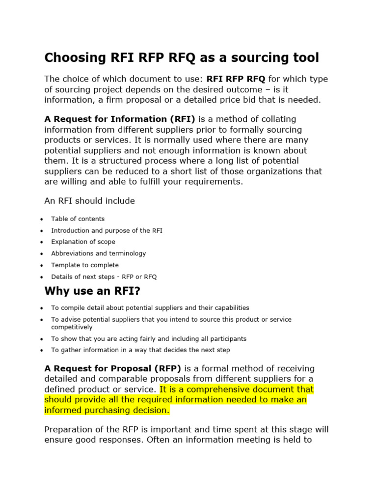 Choosing RFI RFP RFQ as a Sourcing Tool | PDF