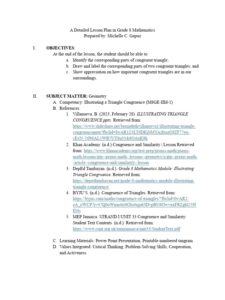 A Detailed Lesson Plan in Grade 8 Mathematics (Gapuz) | PDF