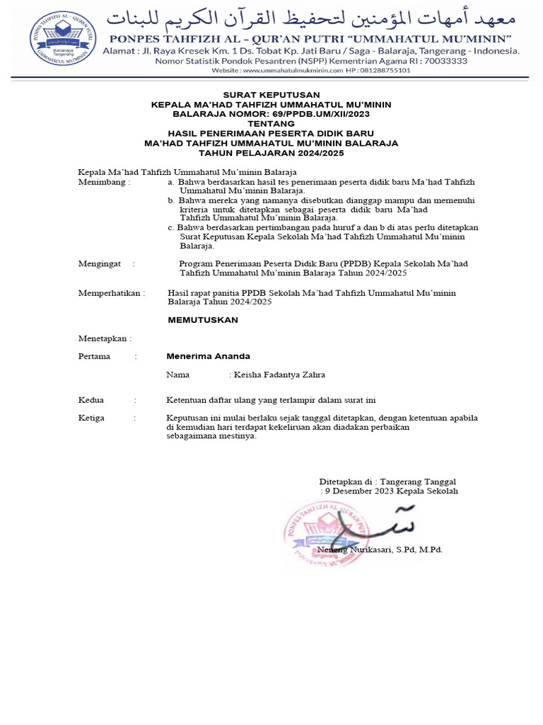 SK PPDB Felicia Nabila Rabbani | PDF