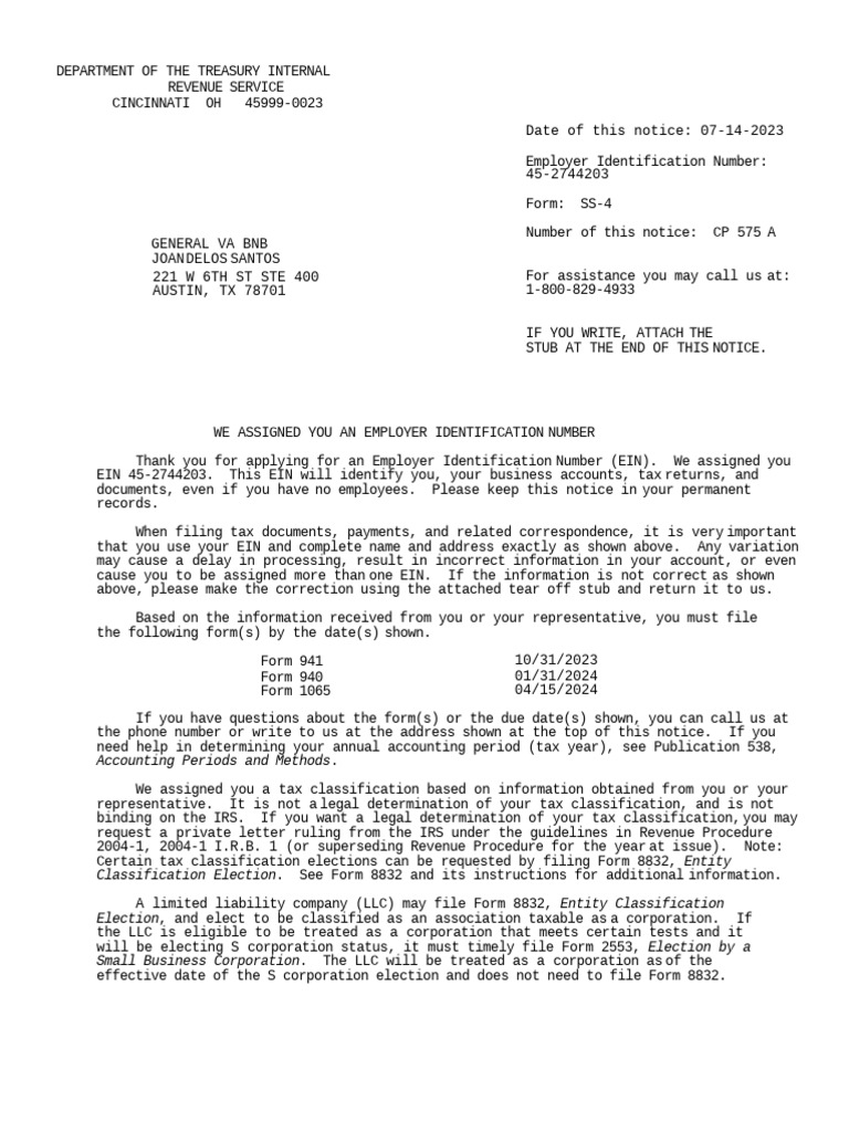 EIN Confirmation Notice CP 575 A | PDF | Limited Liability Company ...
