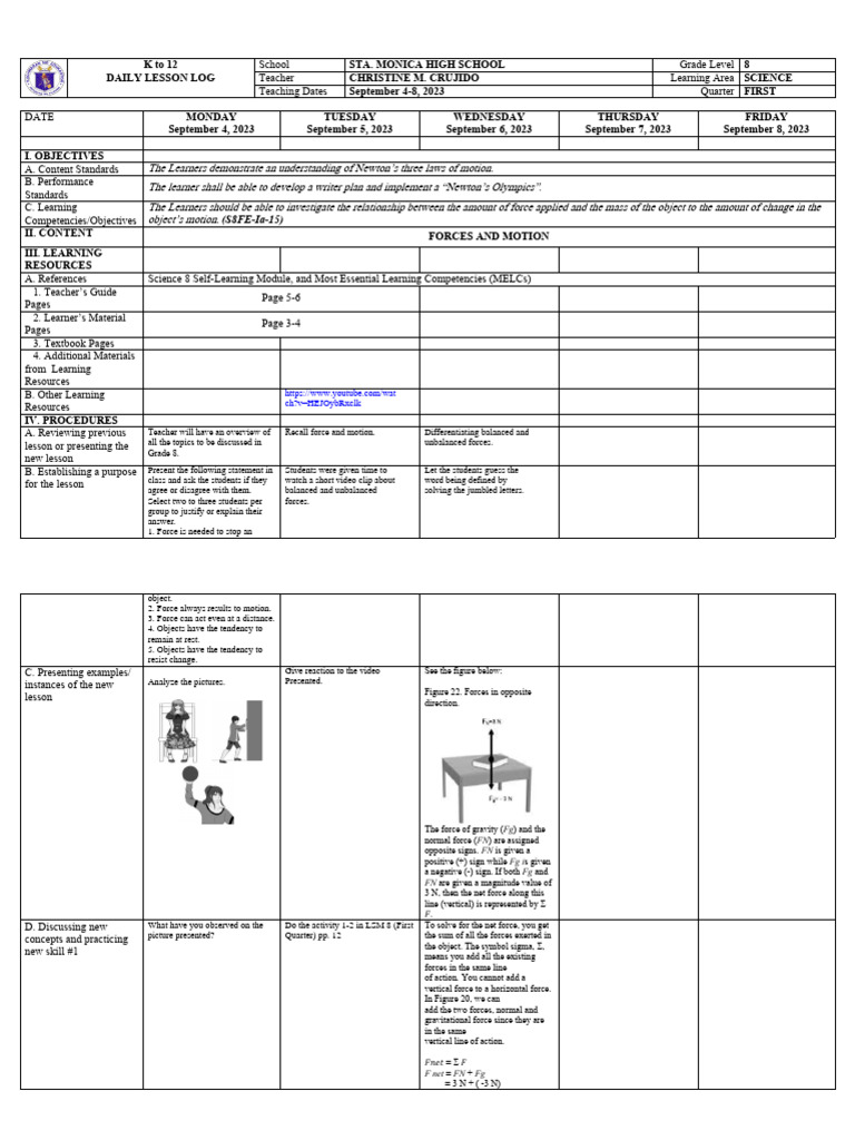 Dll q1 science 8 pdf force learning