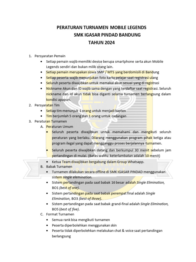 Peraturan Turnamen Mobile Legend Tahun 2024 Pdf