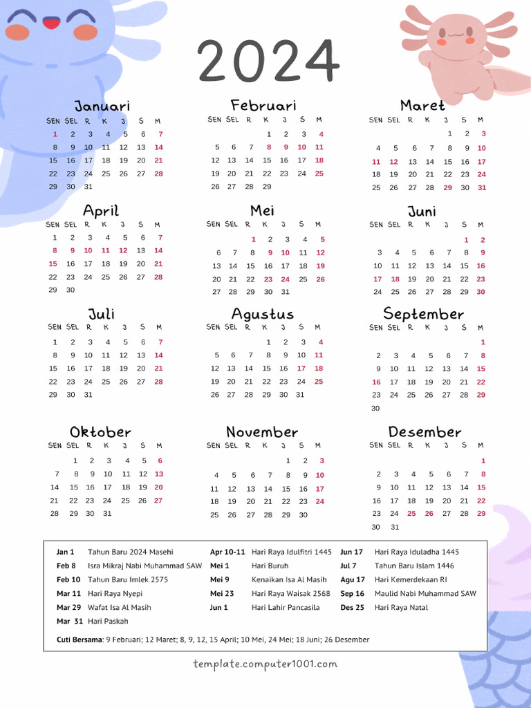 12 Kalender Indonesia Cute Axolotls | PDF