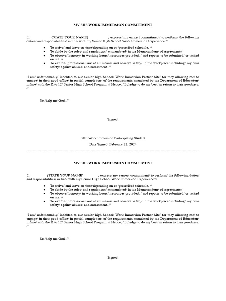 SHS Work Immersion Commitment Pledge | PDF | Justice | Crime & Violence