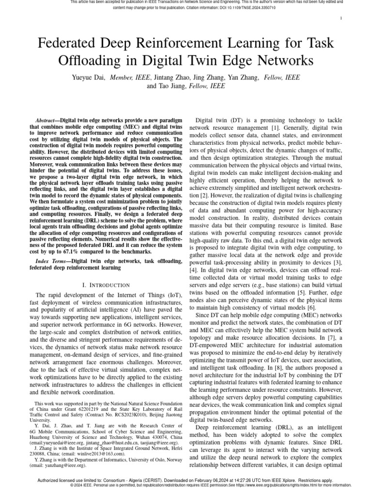 Federated DRL for Digital Twin Edge Networks | PDF | Computer Network ...