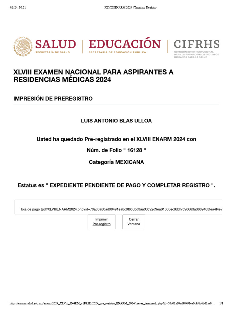 XLVIII ENARM 2024 Terminar Registro PDF