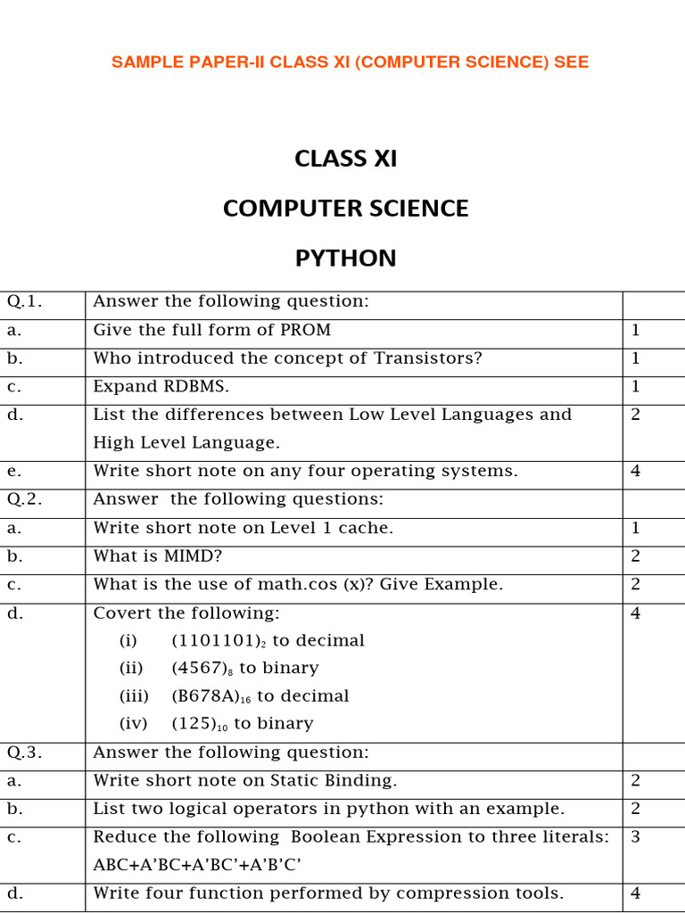 Sample Paper-Ii Class Xi (Computer Science) See With Answer - 0 | PDF ...