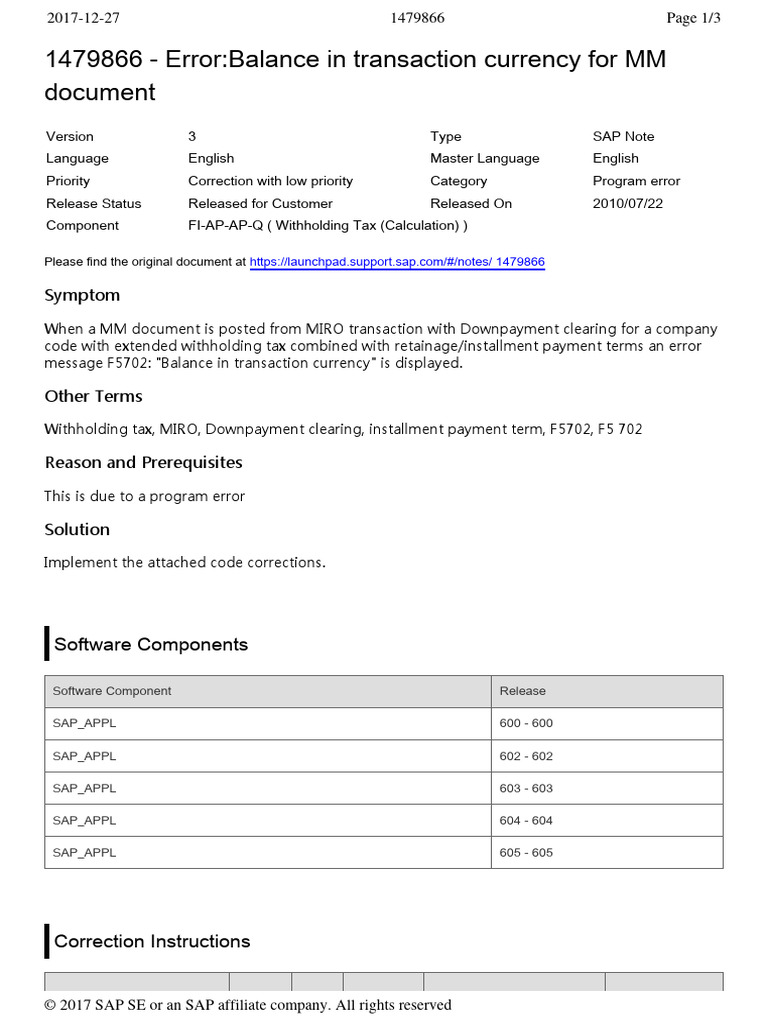 SAP Note 1479866 Error Balance in Transaction Currency For MM Document ...