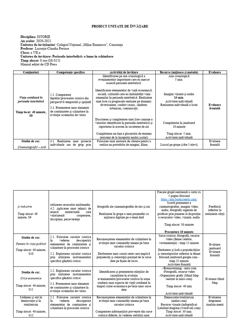 Model Proiect Unitate de Invatare | PDF