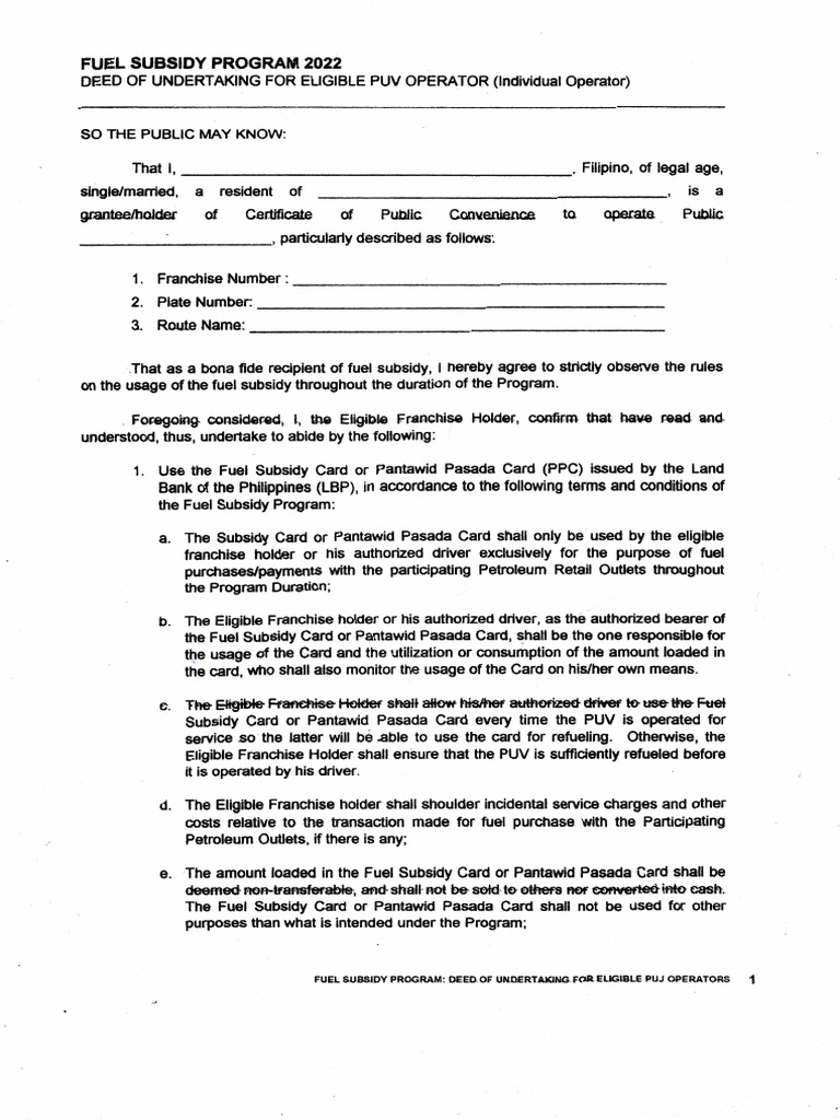 Fuel Subsidy Program: Deed of Undertaking | PDF | Economies | Payments