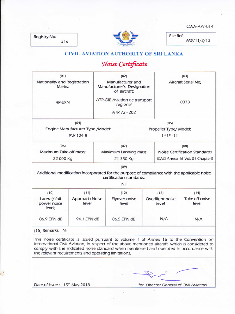 Aircraft Noise Certificate for ATR 72 | PDF | Aircraft Configurations ...