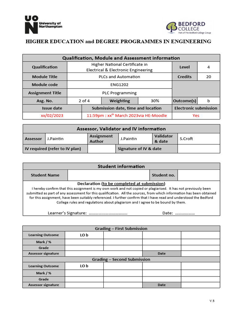 UoN PLCs and Automation Assignment 2 22 23 Ver1 PDF Programmable