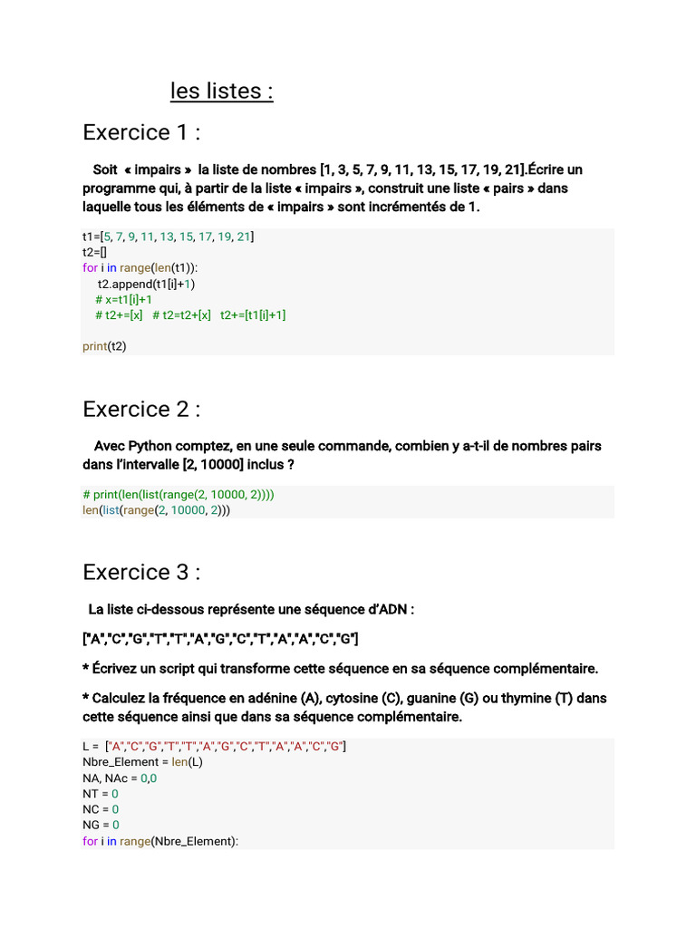 Exercices Python sur les listes et chaînes | PDF