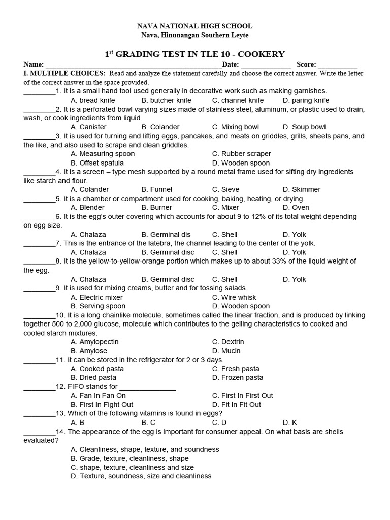Tle 1st Grading Test Pdf Starch Foods