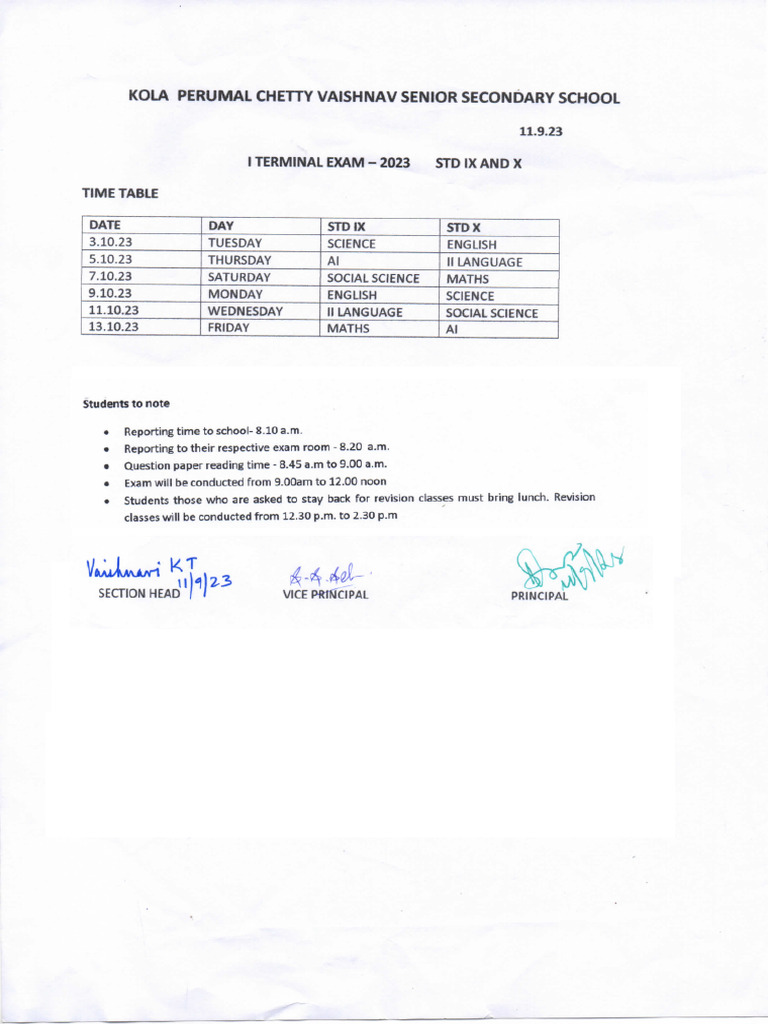 STD IX & X - I Terminal Exam TT | PDF