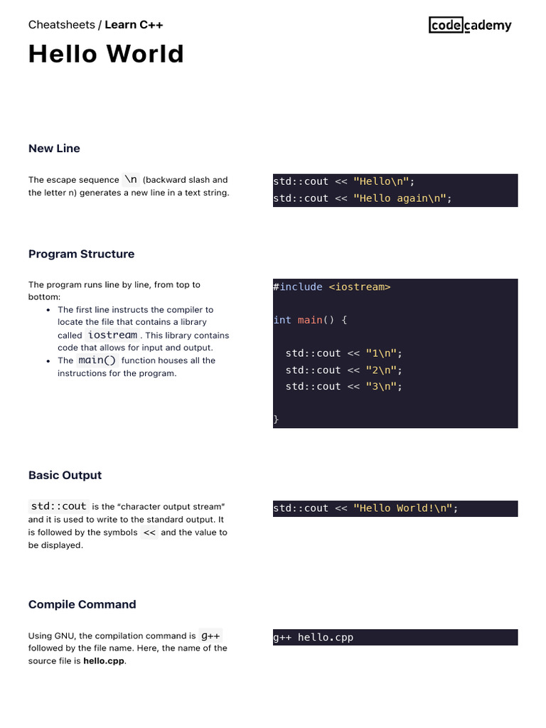 Hello World Cheatsheet Codecademy | PDF