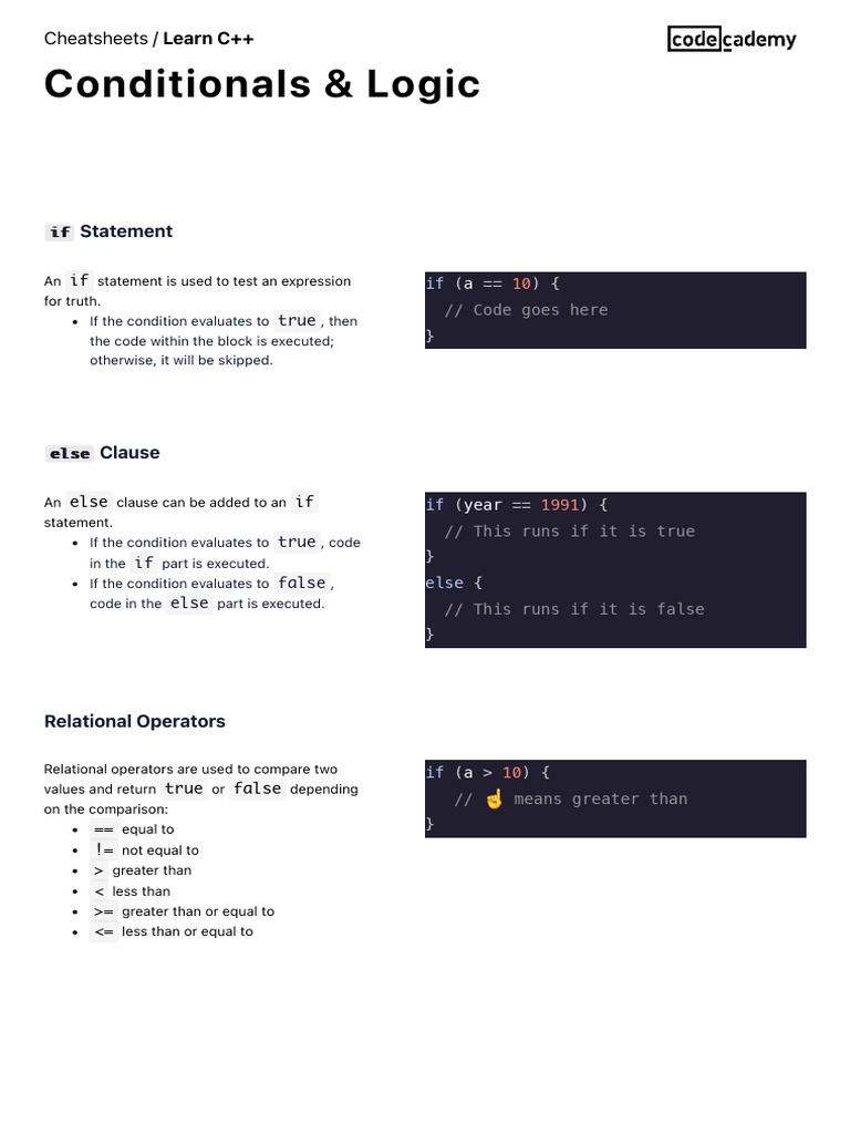 Conditionals & Logic Cheatsheet - Codecademy | PDF | Computer ...