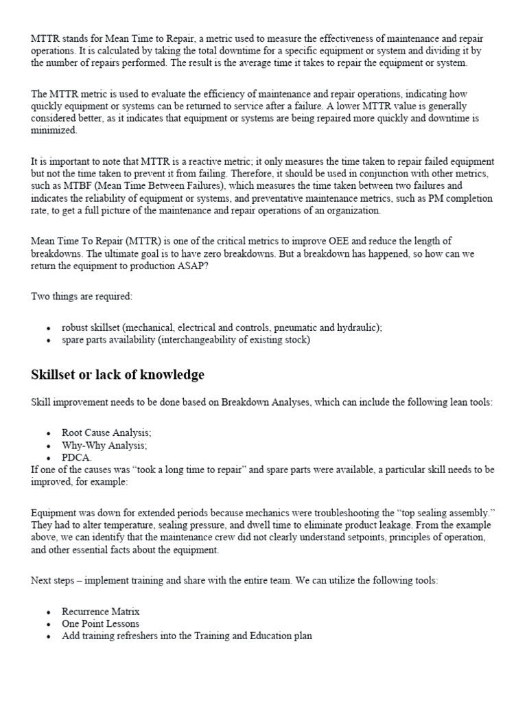 MTTR: Key to Efficient Maintenance | PDF | Engineering | Production And ...