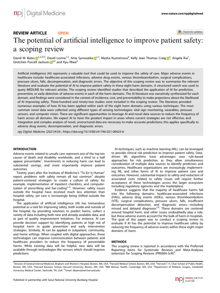 The Potential of Artificial Intelligence To Improve Patient Safety A ...
