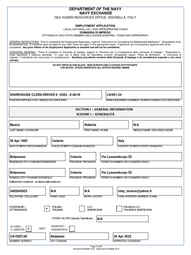 Warehouse Clerk-Driver - Application Form-1 | PDF