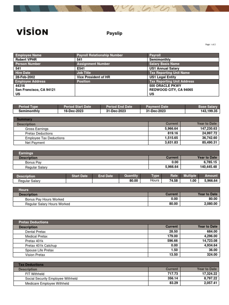 Oracle Payslip Summary for VP of HR | PDF | Payroll Tax | Taxes