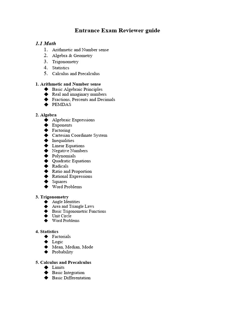 Comprehensive Entrance Exam Reviewer | PDF | Trigonometry | Equations