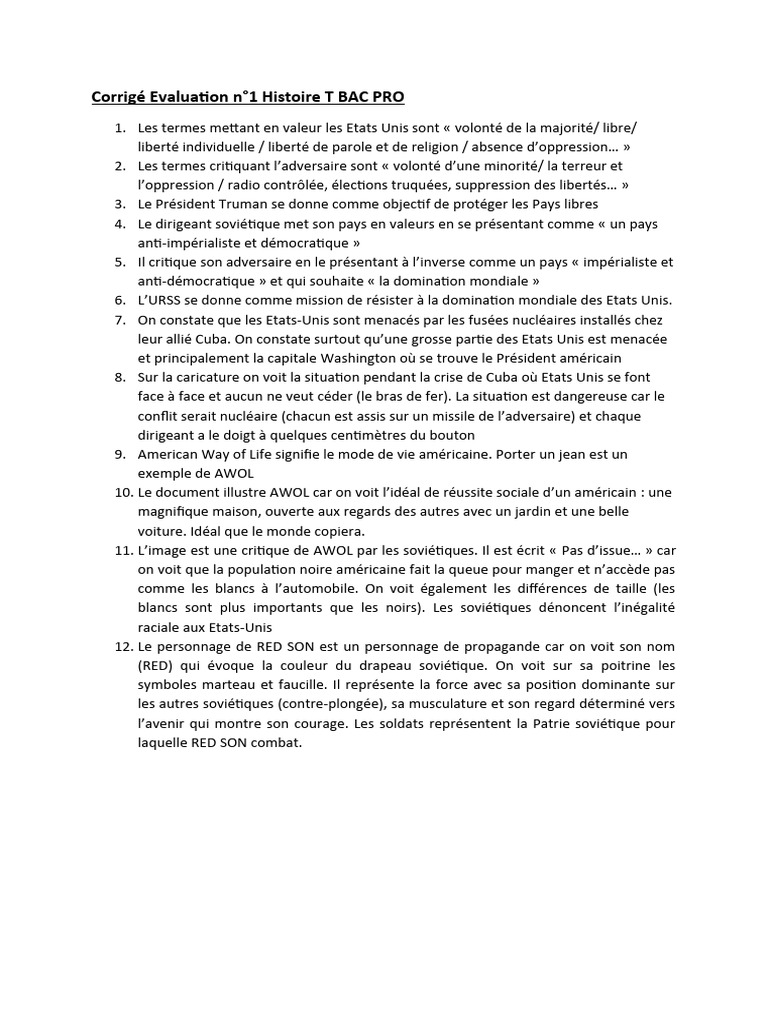 Évaluation Histoire T BAC PRO : USA vs URSS | PDF | Politique ...