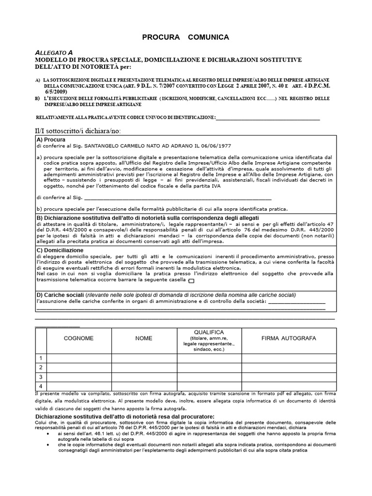 Modello Procura Speciale Comunica | PDF