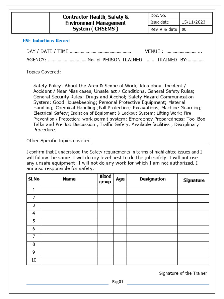 Safety Induction Record PDF