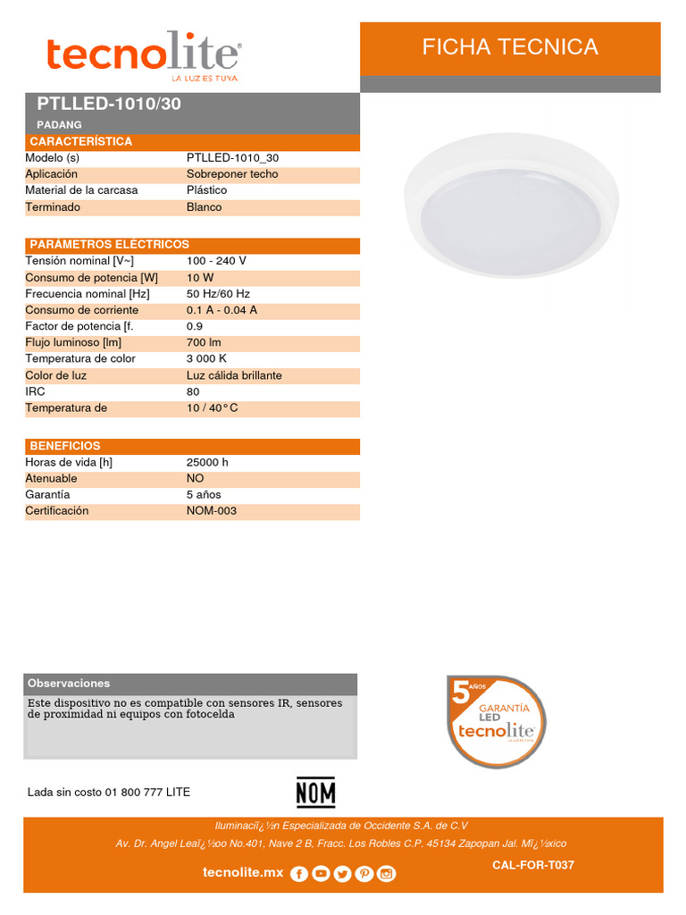 Ficha Técnica PTLLED-1010/30 Luz LED | PDF | Tecnología