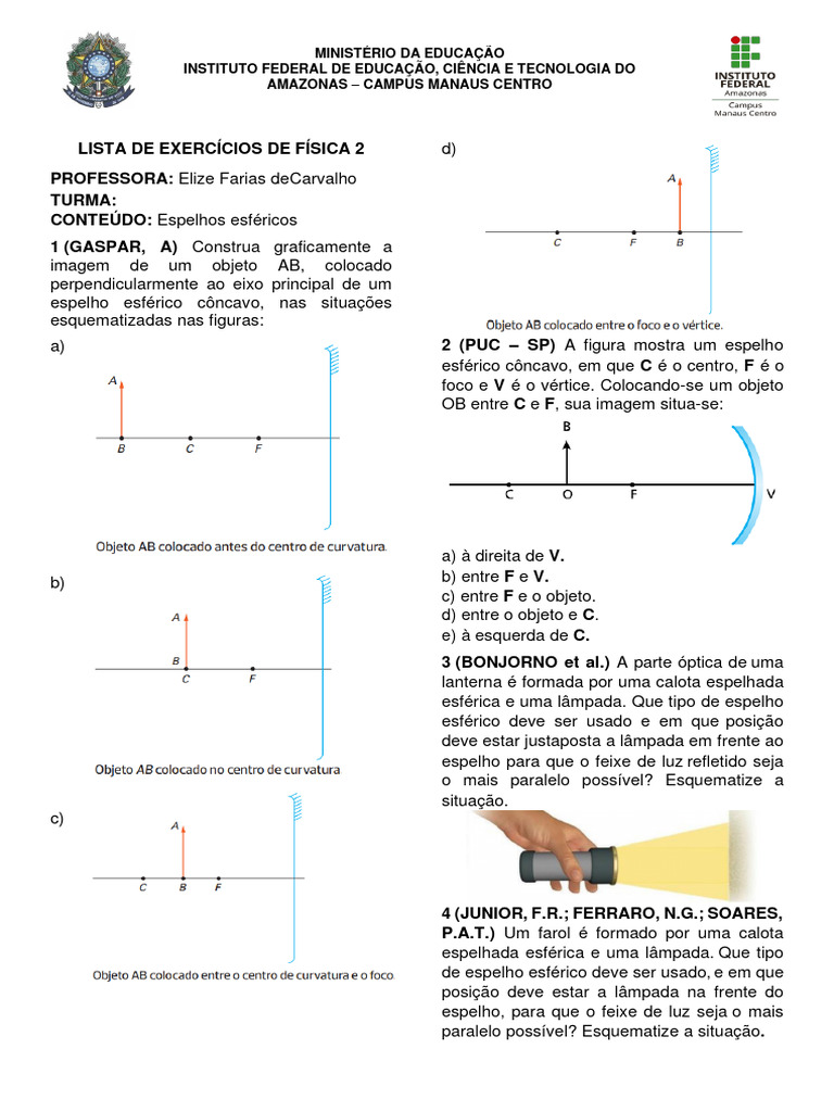 LISTA DE EXERCÍCIOS DE FÍSICA 2 - ESPELHOS ESFÉRICOS | PDF | Espelho ...
