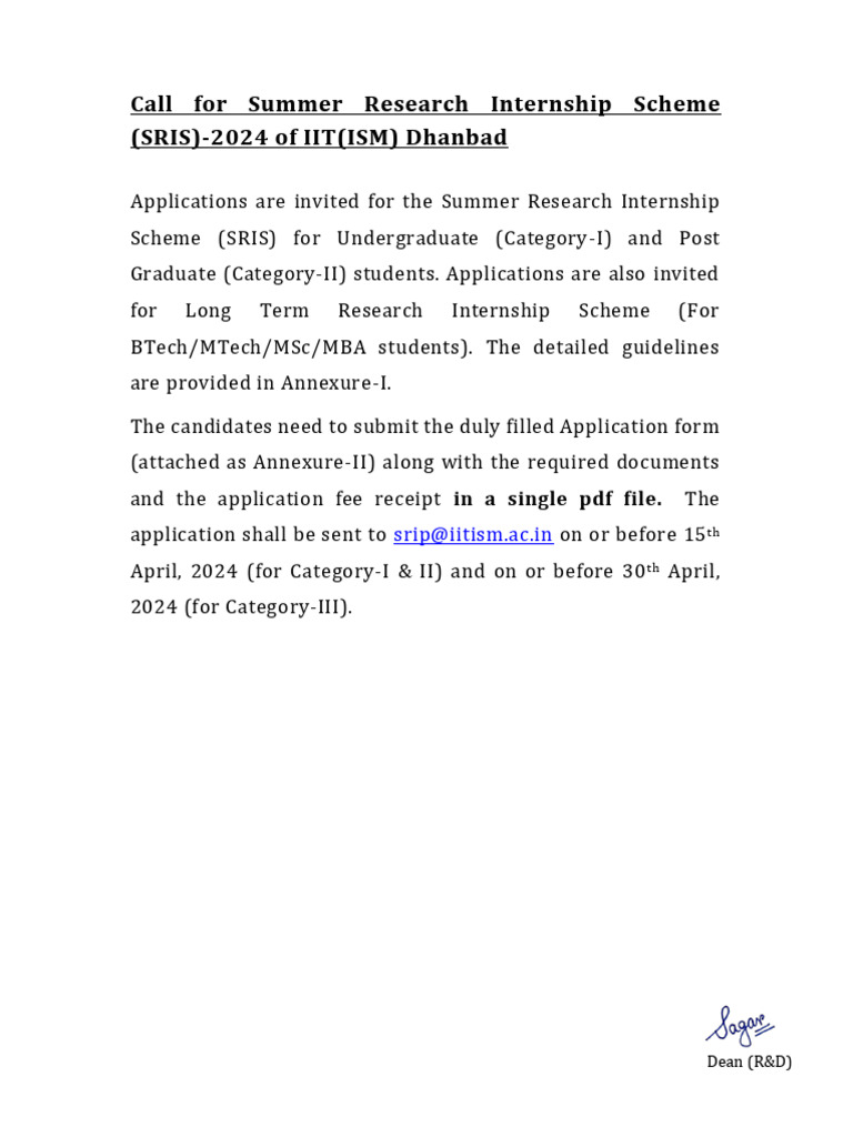 Summer Research Internship IIT ISM PDF