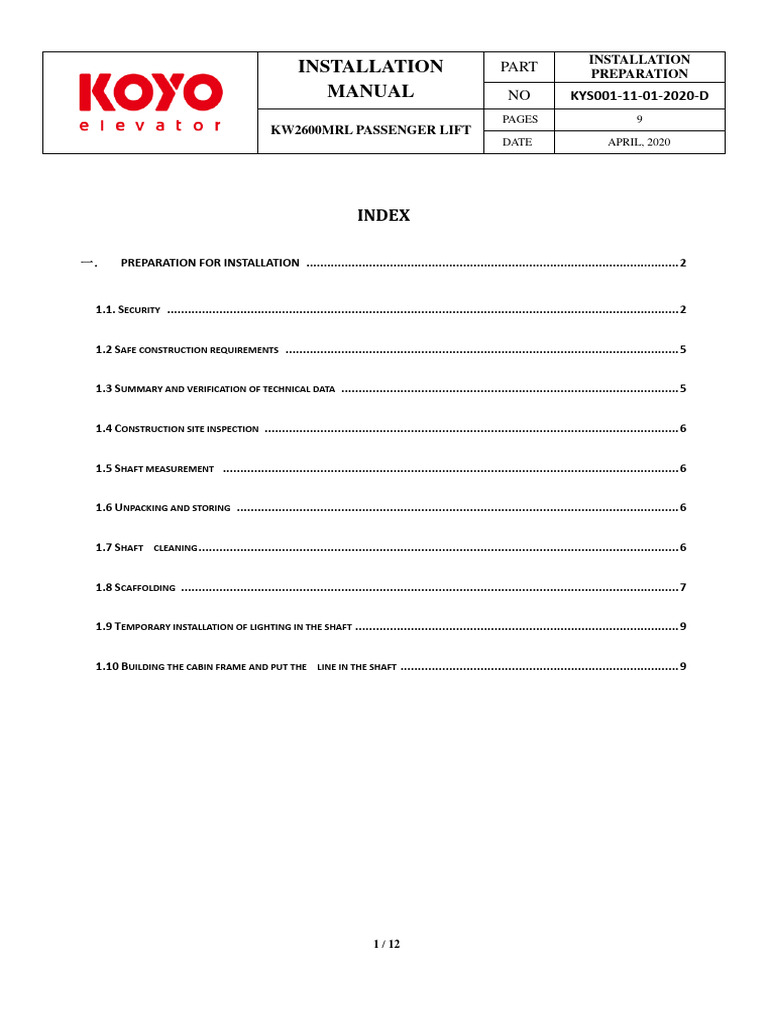 KW2600 MRL Lift Installation Guide | PDF | Door | Elevator