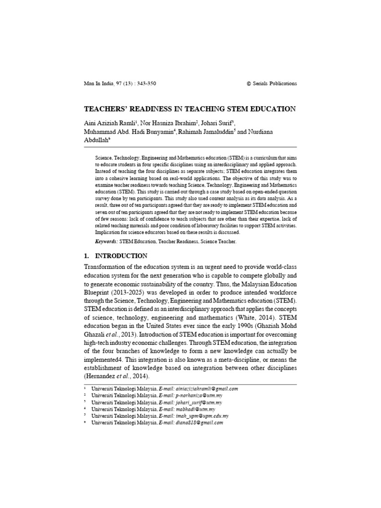 Teachers Readiness In Teaching Stem Education Pdf Science