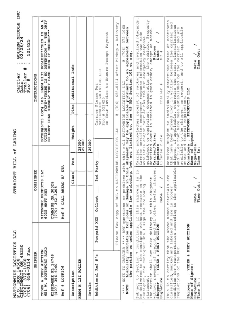 Nationwide Logistics Bill of Lading | PDF | Consumer Goods | Freight ...