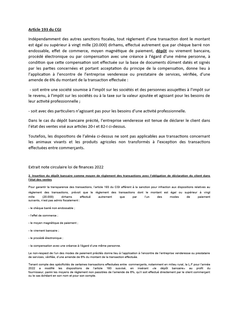 Article 193 Du CGI Paiement Espèces ADouiri PDF
