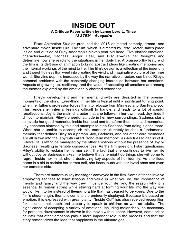 Inside Out: Emotional Growth Analysis | PDF | Behavioural Sciences ...