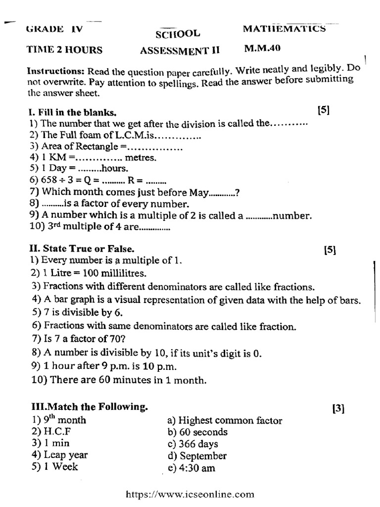 Icse Class 4 Assessment 2 Mathematics 280223 2023 PDF