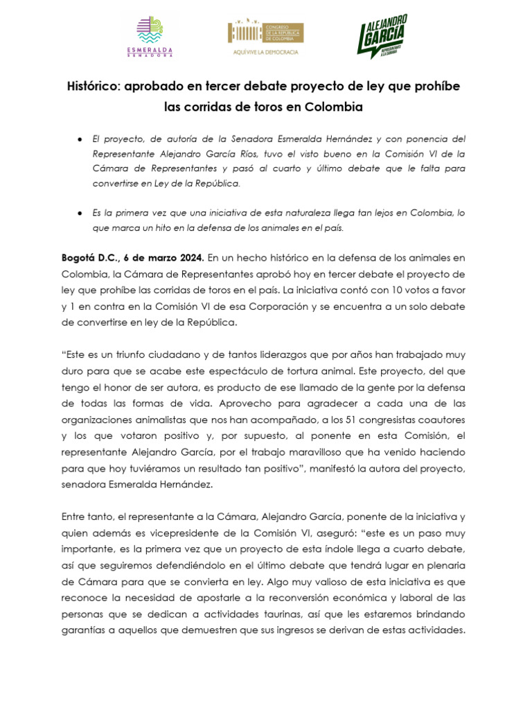 Proyecto prohíbe corridas de toros en Colombia | PDF | Toreo | Justicia