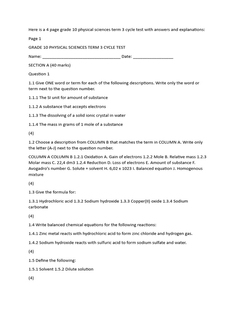 Grade 10 Physics Cycle 3 Test & Answers | PDF | Mole (Unit) | Acid