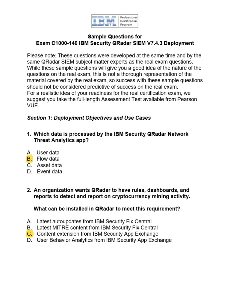 C1000 140 qradar siem v7 4 3 deployment sample test pdf computer