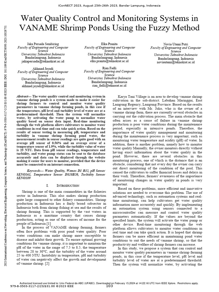 Water Quality Monitoring in Shrimp Ponds | PDF | Fuzzy Logic | Sensor