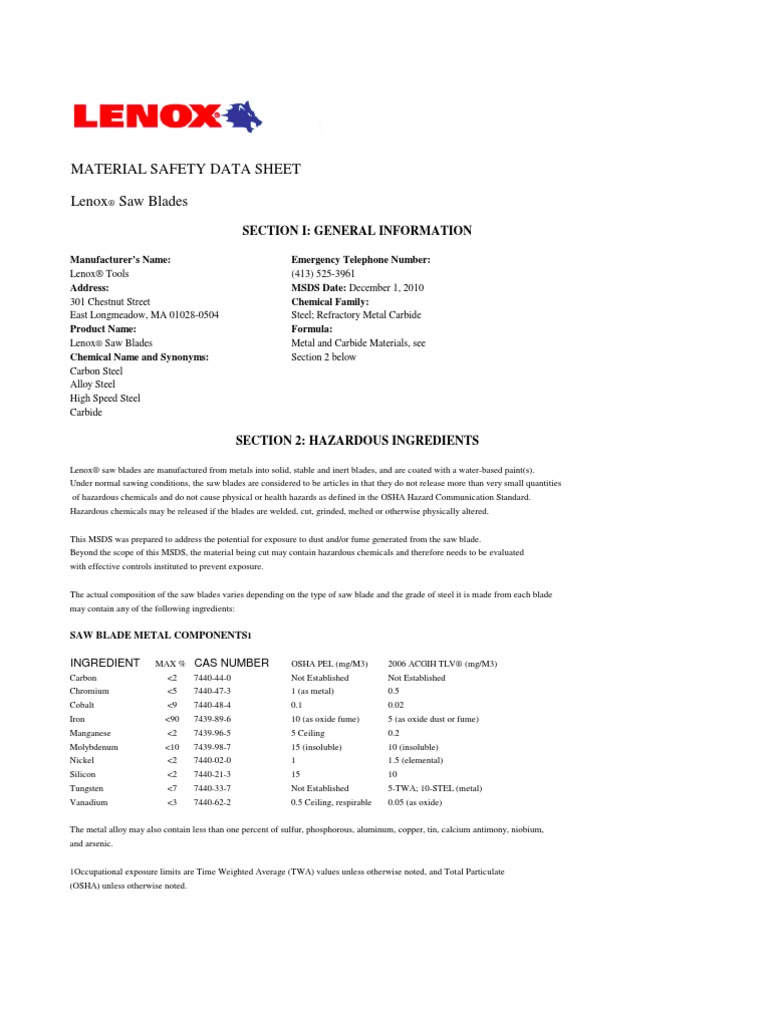 MSDS Blades 61201 Steel Tungsten