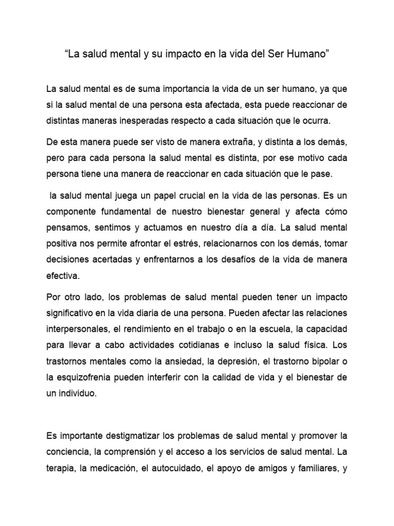 La Salud Mental y Su Impacto en La Vida Del Ser Humano | PDF | Salud ...