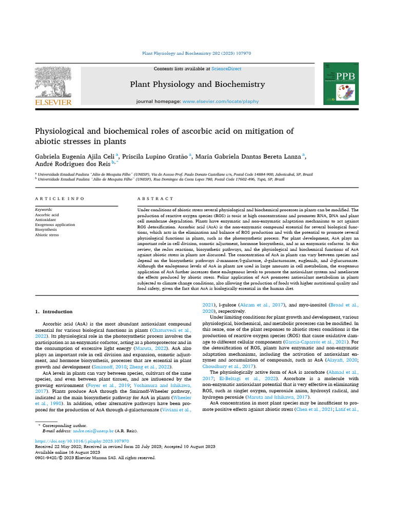 Ascorbic Acid's Role in Plant Stress Mitigation | PDF | Reactive Oxygen ...