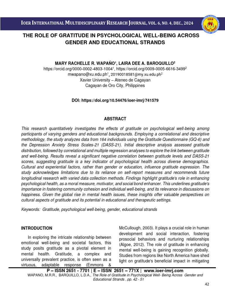 The Role Of Gratitude In Psychological Well Being Across Gender And