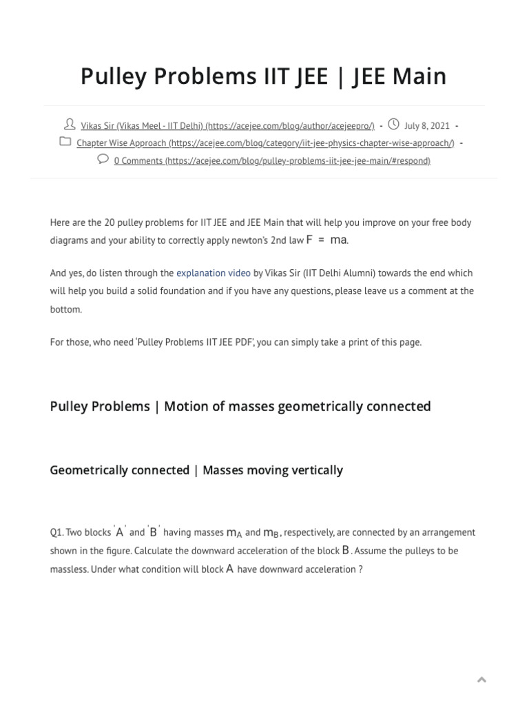 Newton S Laws Of Motion Pulley Problems Iit Jee Jee Main Pdf